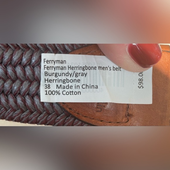 NWT J. McLaughlin Ferryman Men’s 100% Cotton Gray/Burgandy Herringbone Belt; 38 - Picture 5 of 6